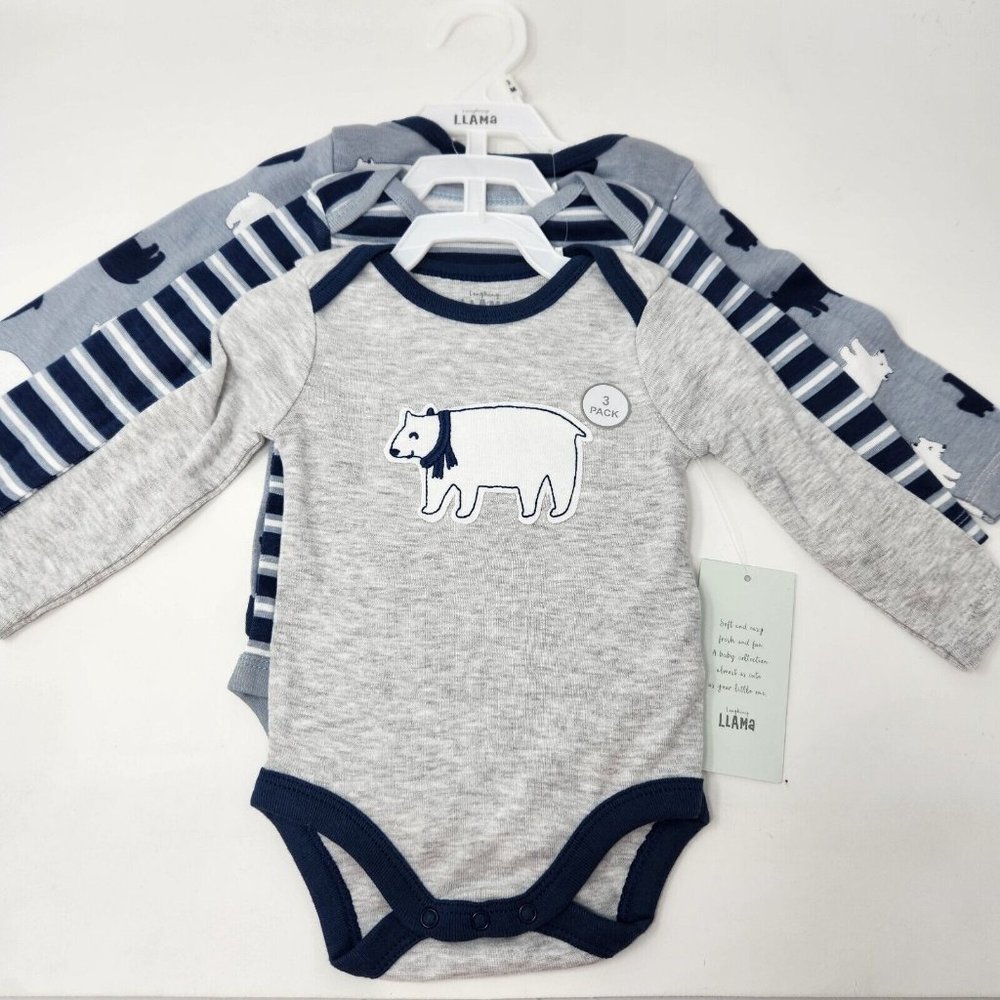 Laughing Llama Boys 3 Piece Long Sleeve Body Suits, Polar Bears 3M